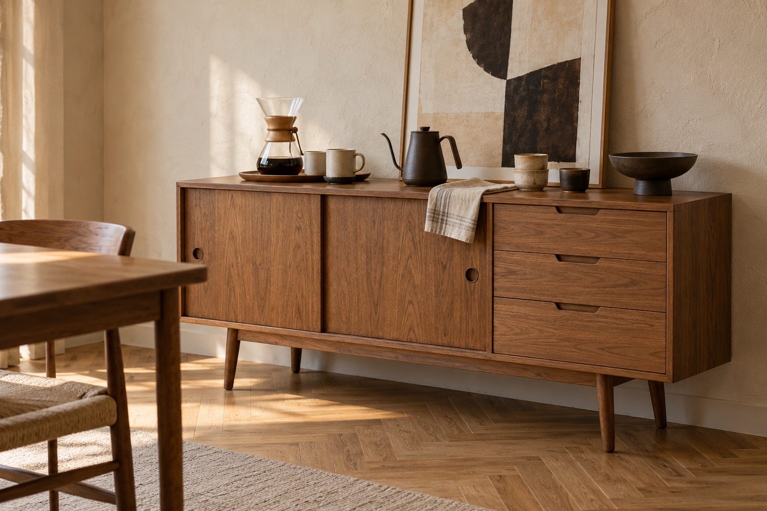 Freestanding oak coffee sideboard with sliding doors, drawers, and simple brewing accessories. AI-generated design inspiration.